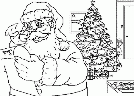 Kolorowanka chłopiec patrzy na świętego Mikołaja